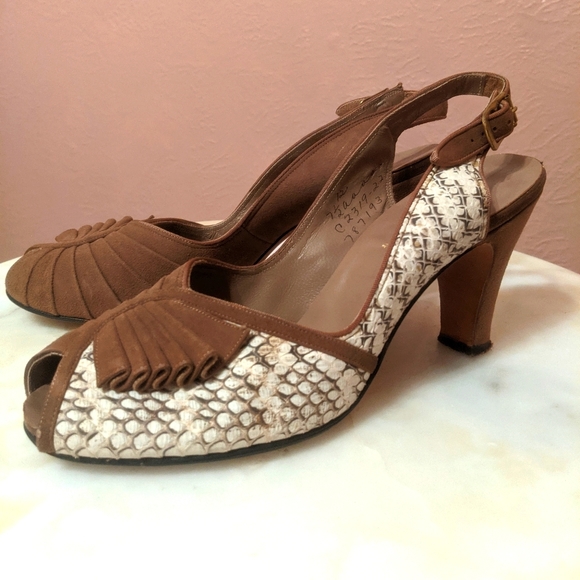 Vintage Shoes - Vintage 1940s Snakeskin Peep Toe Heels